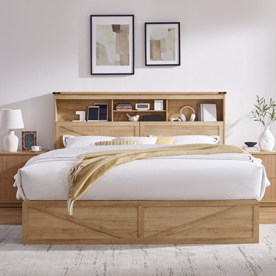 Farmhouse King Size Bed Frame With Charging Station And LED Light, Wooden Storage Bed With 52" Tall Storage Bookcase Headboard & 4 Drawers