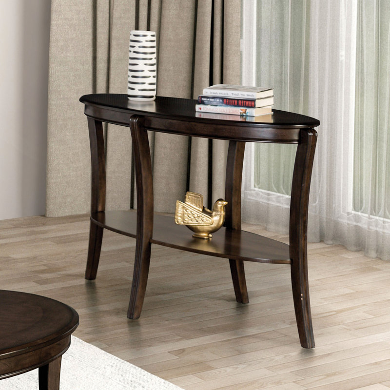 Table de canapé de forme ovale avec tablette de rangement inférieure ouverte et pieds courbés