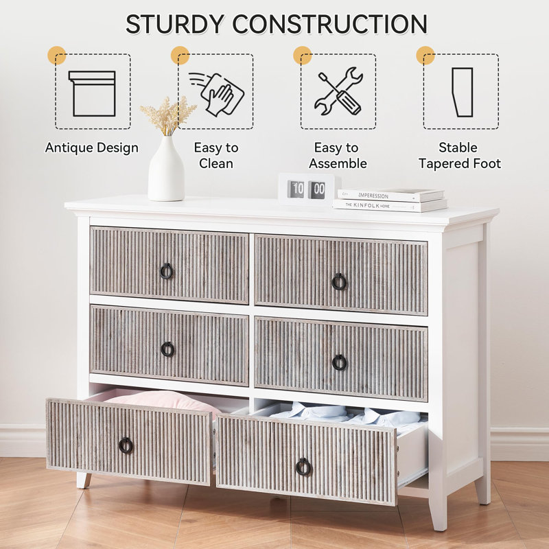 Commode double 6 tiroirs Odran, Gris / blanc