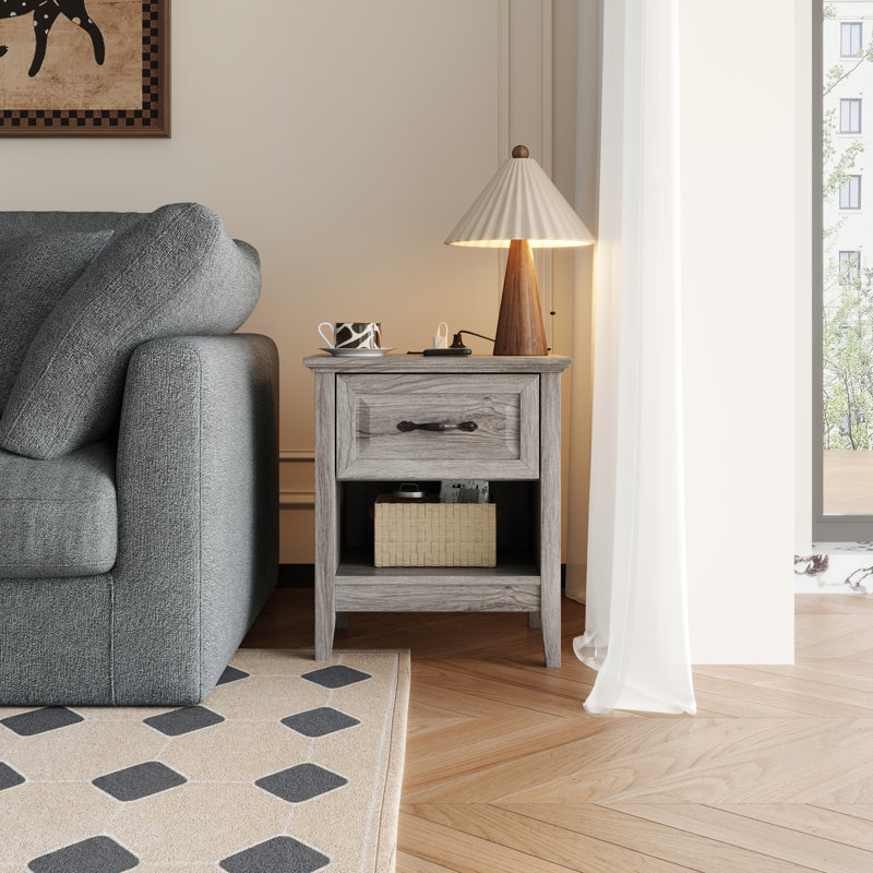 Table de chevet avec station de charge et rangement, table de chevet avec tiroir Anyah Farmhouse, Gris
