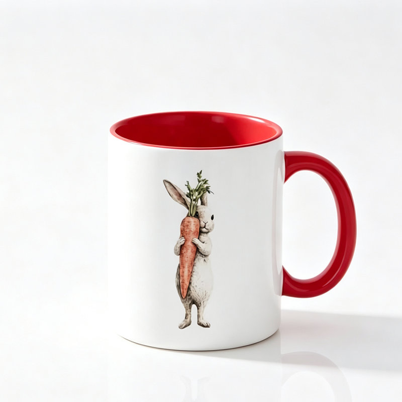 Cute Ceramic Mug with Rabbit Holding Carrot And Greens - Perfect Gift for Mom on Easter.