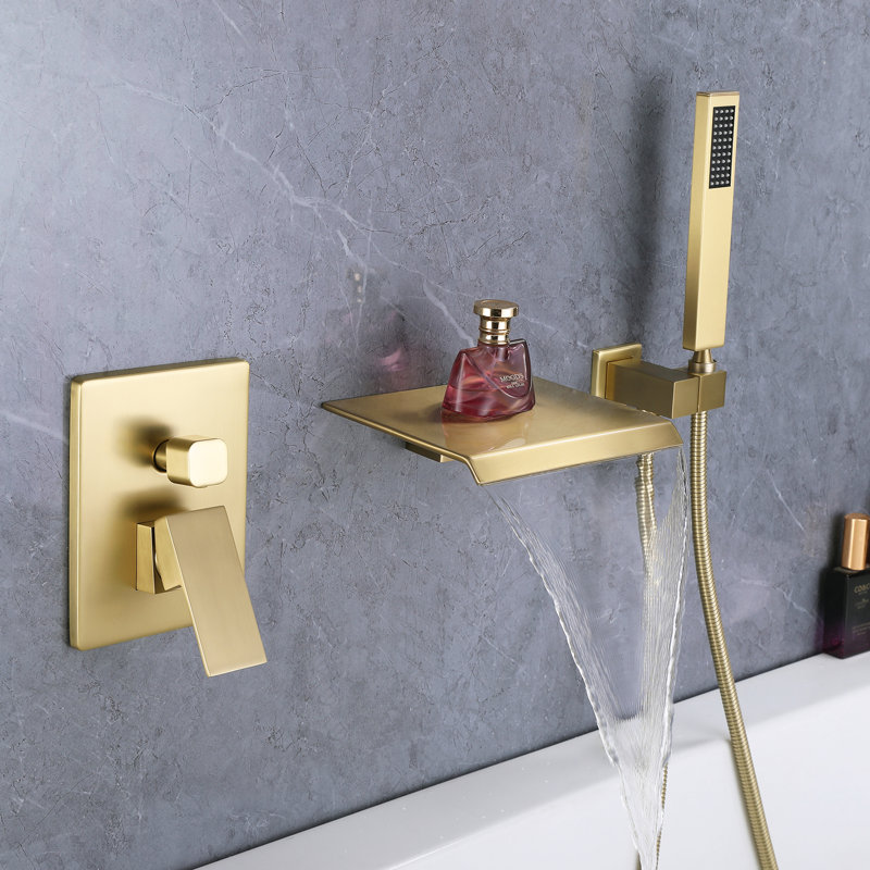 Wall Mounted Waterfall Bathtub Faucets with Anti-Scald Pressure Balance Valve, Modern Tub Spout with Handshower, Brushed Gold