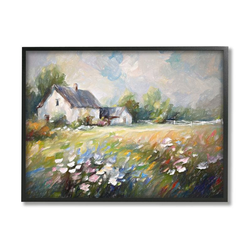 "Windblown Flowers Farmhouse" par Ramona Murdock, reproduction d'art sur toile, Giclée encadrée noir minuit