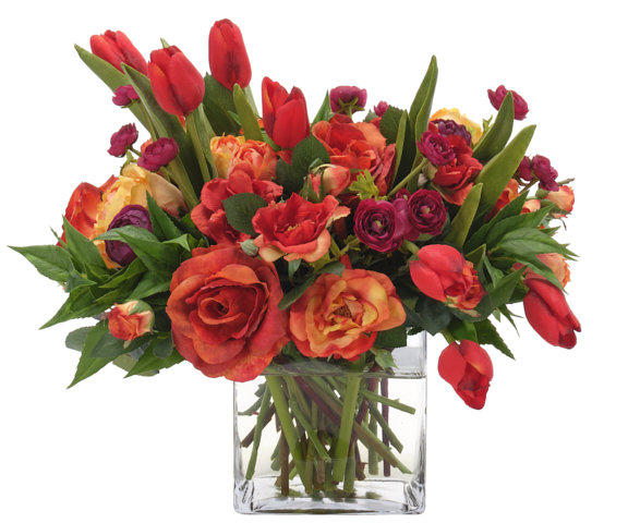 Rose Tulip, Orange Red, Glass Cube, 18wx17dx14h
