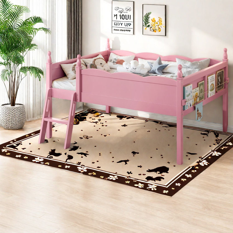 Lits mezzanine pleine grandeur avec tablette pour livres Safe, panneau de fibres à densité moyenne en bois de pin, chambre d'enfant rose moderne