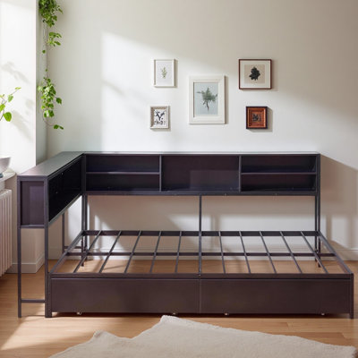 Bed Frame with Storage Bookcase, Daybed with LED Lights & 2 Drawers, Metal Platform Bed with Headboard and Charging Station