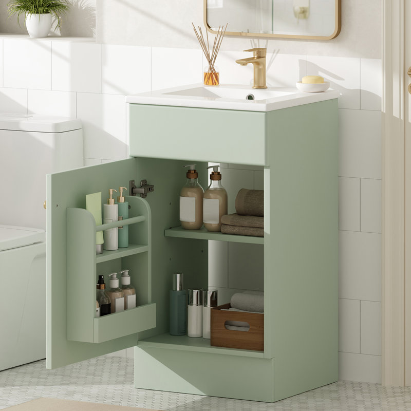 Meuble-lavabo de 18 pouces avec trou de robinet à un trou pré-percé, support de rangement et mécanisme de fermeture en douceur pour une porte pratique