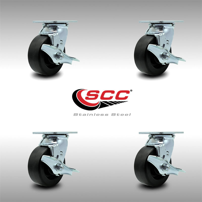 5 Inch SS Polyolefin Swivel Caster Set with Roller Bearings and Brakes SCC