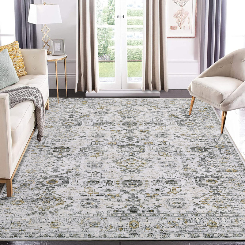 Washable Area Rug for Living Room Boho Vintage Rug Non Slip Throw Rugs Floral Bedroom Rug, Rectangle 8' x 10'