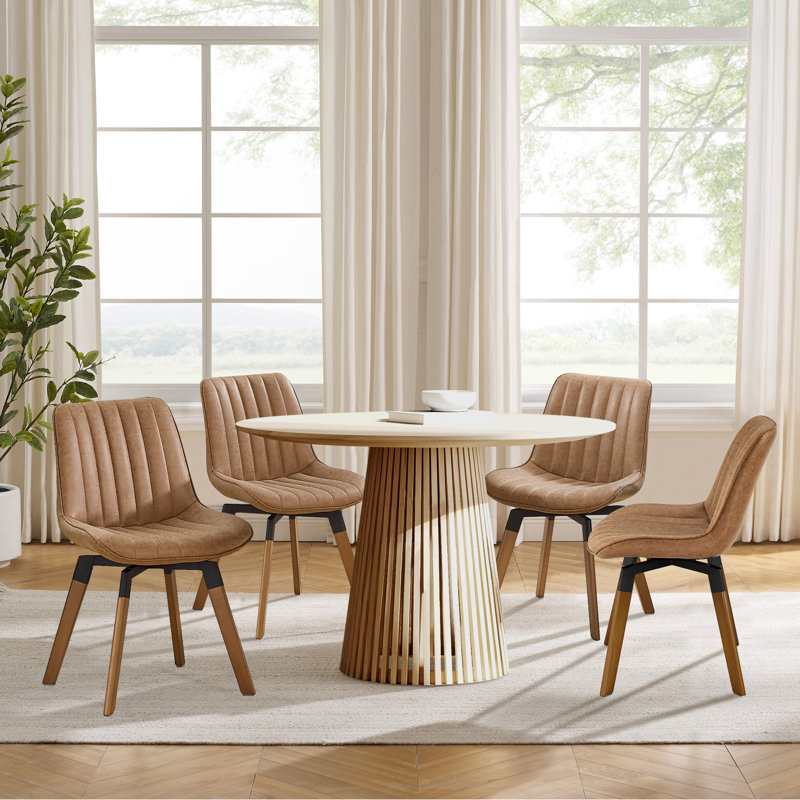 Brimlow Tufted Faux Leather Upholstered Swivel Dining Kitchen Side Chairs, Brown