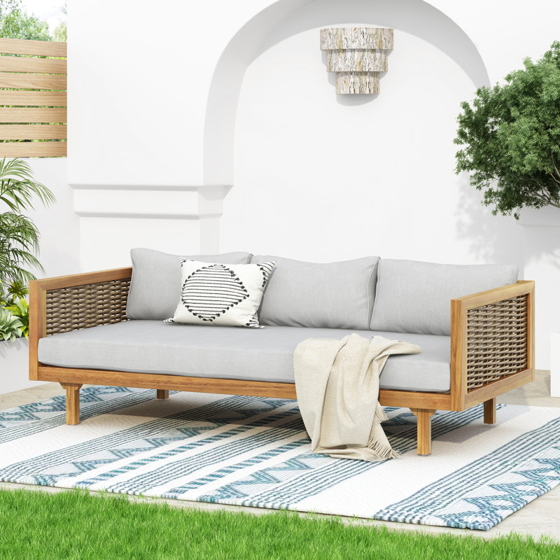 Armed Daybed, Wood Built, Water- Grey Cushions, Slat Paneled Furniture, 67.12w 31.98d 24.1h, Assembly Required 3 Seater Daybed With Arm Supports, Wood, Sunbed, 67.12 X 31.98 24.1,