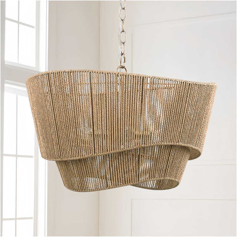 Lustre 5 lumières en bois de rotin en papier électroplaqué 21 po pour salon / chambre à coucher, Naturel