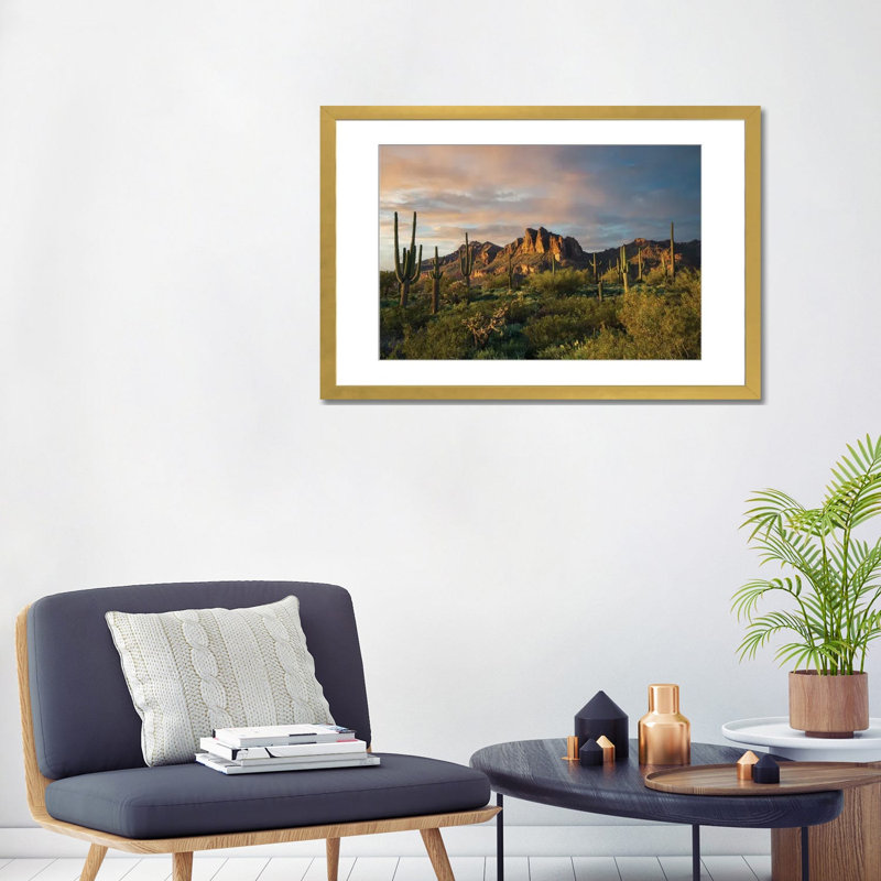 «Superstition Mountains and Cactus», reproduction d'art mural, papier d'art encadré, 24 po x 32 po, Papier encadré, Doré