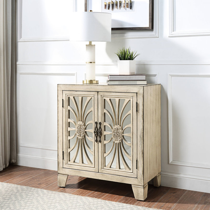Console élégante avec façade en miroir blanc antique et portes de tablettes cachées pour une touche d'entrée