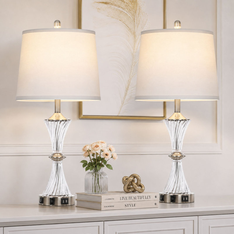 28" Glass Bedside Table Lamps with Type-C, USB-A & Outlet, Bulbs Included