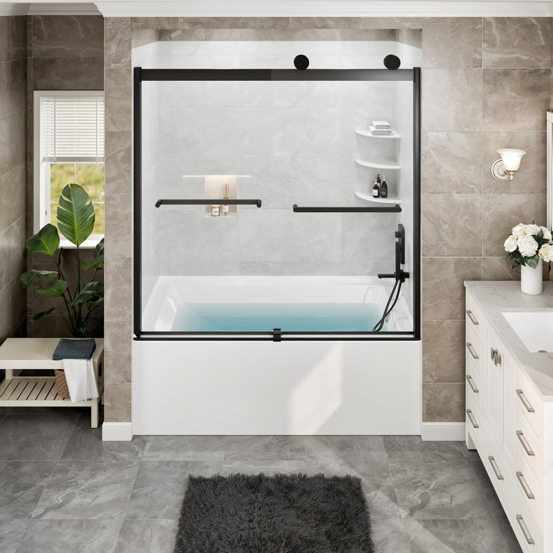 Eviva Luxor 60 po X P 60 po H Porte de douche coulissante sans cadre avec verre trempé H, Noir mat