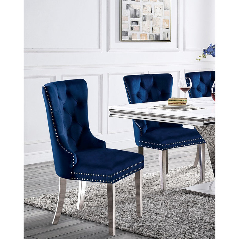 De 2 chaises de salle à manger en flanelle à oreilles bleues - dossier avec pieds et magnifique garniture élégante, Bleu