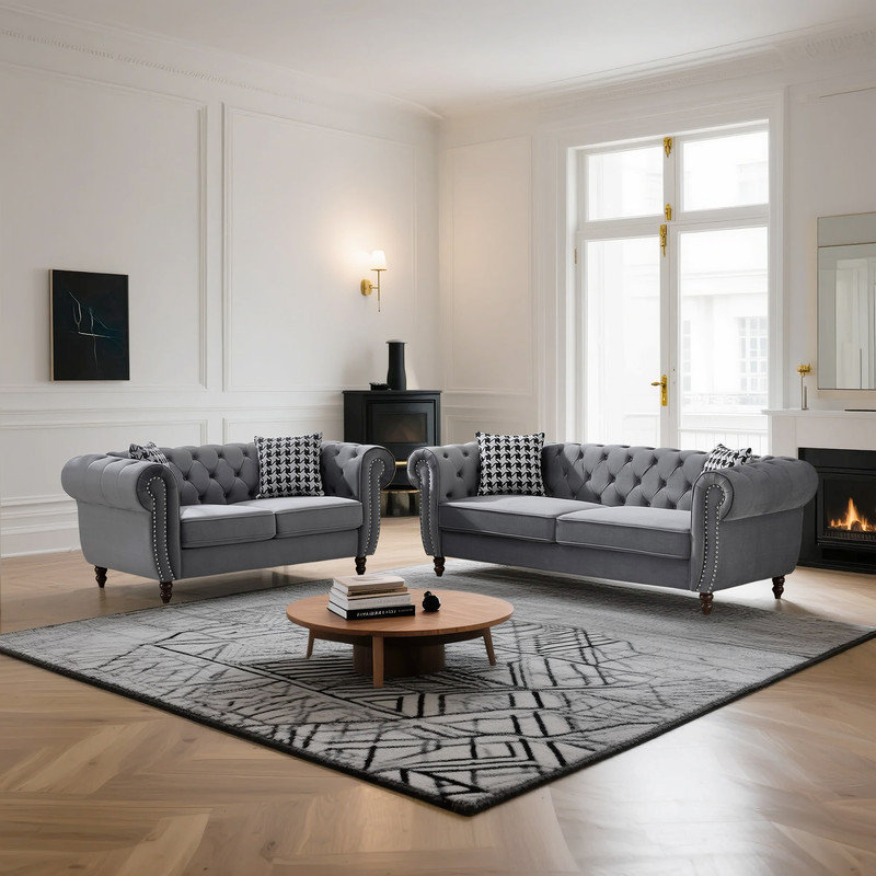 Canapé capitonné Mid-Century avec garniture cloutée et accoudoirs roulés, Gris