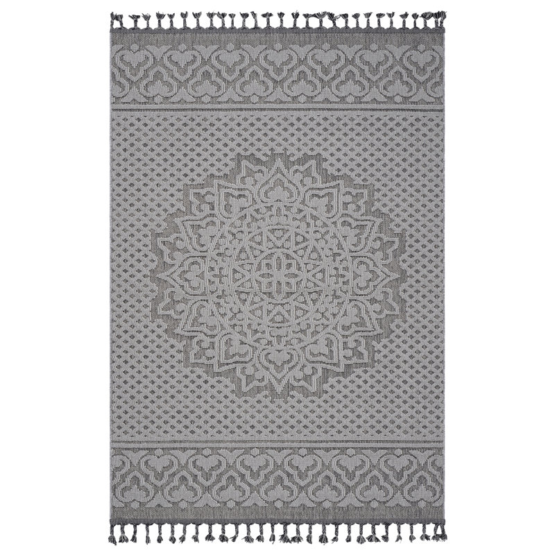 8X10 Gray / White / Medallion Indoor / Outdoor Area Rug, Rectangle 7'9" x 10'