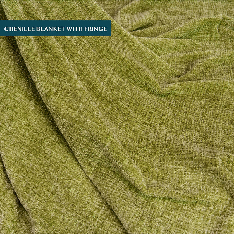 Olive Green Chenille Knit Throw Blanket with Tassel Fringe