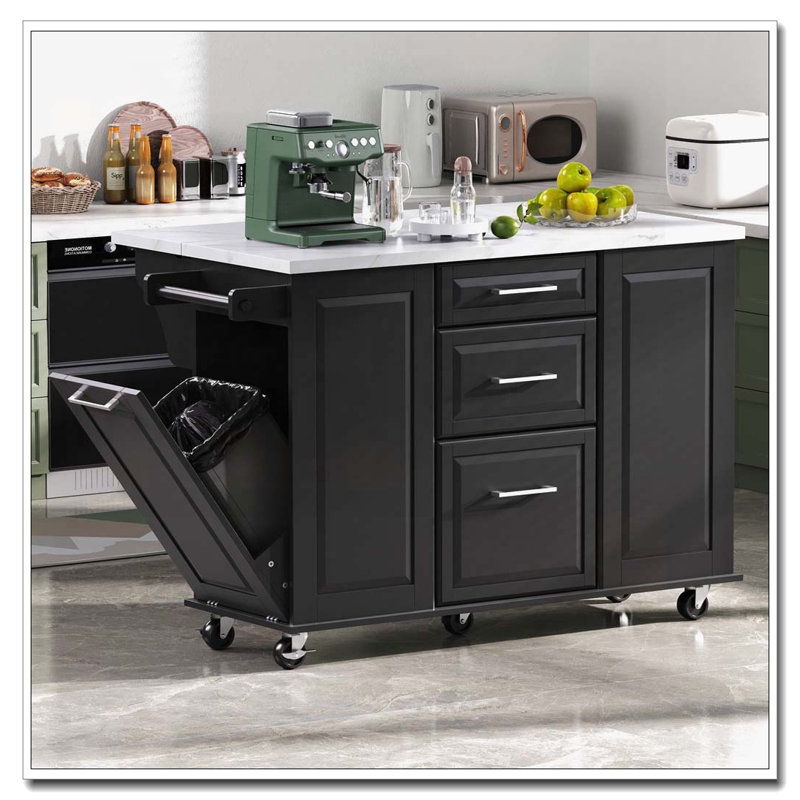 Rolling Kitchen Island with Storage Tilt Trash Can Cabinet and Pull Out Cabinet Organizer, Black