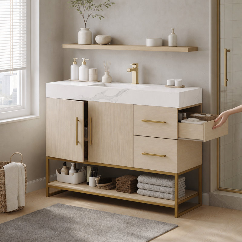 Light Wood Freestanding Bathroom Vanity, Marble Top & Gold Handles