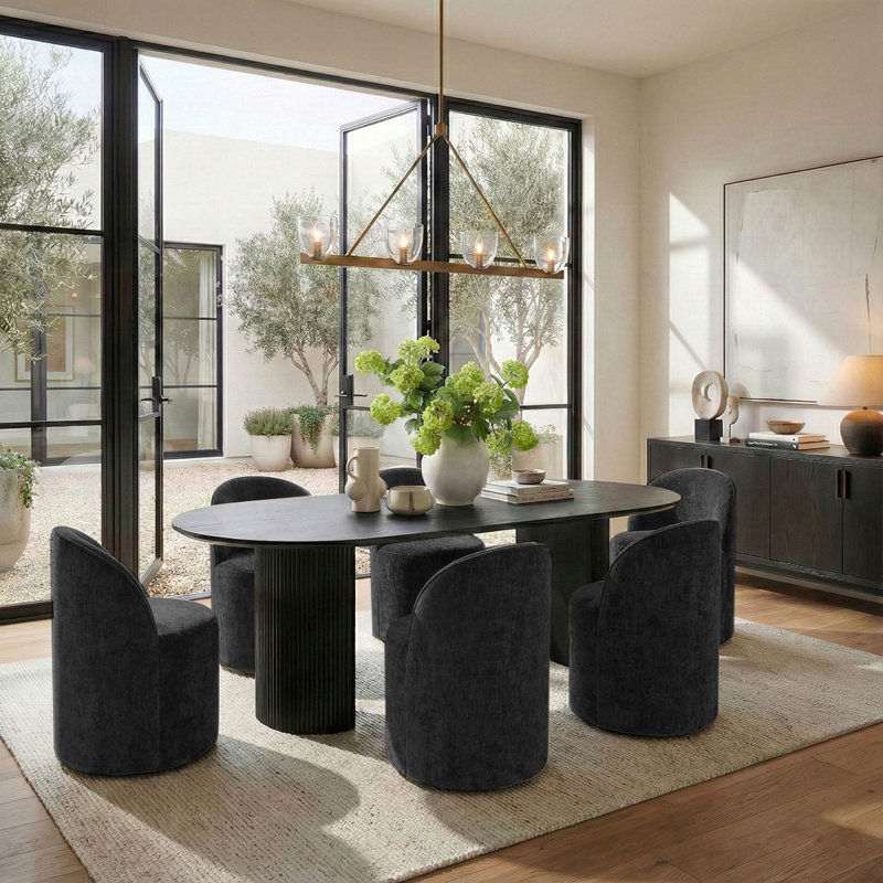  6 - Person Dining Table Sets With Oval Table & 6 Upholstered Chairs, Black, Black