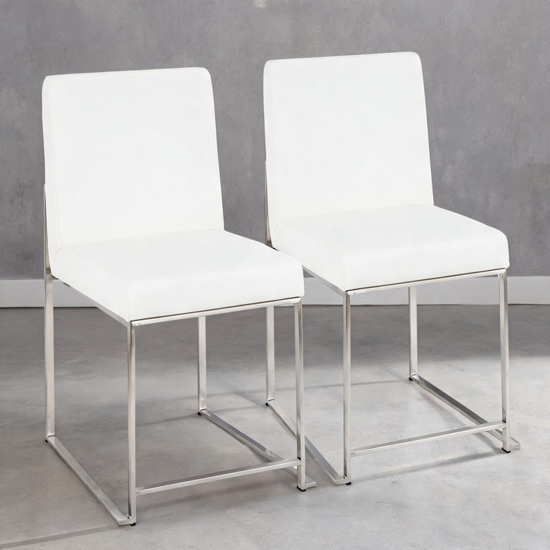 Chaises d'appoint modernes avec siège rembourré et dossier haut, ensemble de 2, similicuir blanc et acier inoxydable, H 33,5
