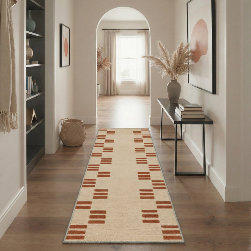 Mondrian Modern Block Stripes Machine Washable Sandstone Indoor Area Rug With Non-Slip Backing, Runner 2'6" x 8'