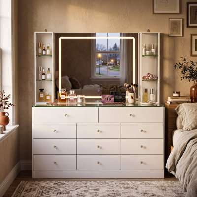 55.1" White Vanity Dresser with LED Touch Mirror, Tempered Glass Top & Shelves, 11 Drawers Makeup Vanity Table with Anti-Tip Device