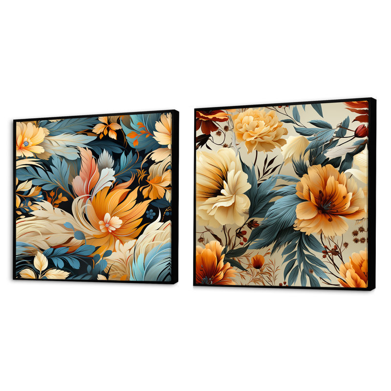Kais - Ensemble de 2 collages floraux carrés, Cadre flottant noir, H 30 po x l 61 po