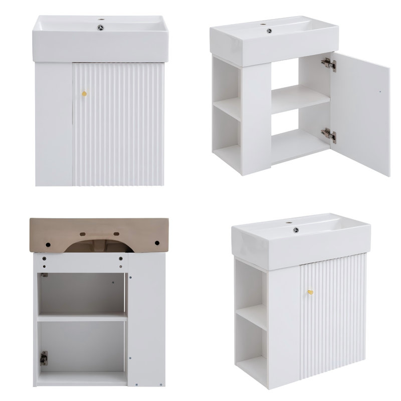 Petit meuble-lavabo flottant moderne avec cuve en céramique et rangement gauche, Doré, Blanc