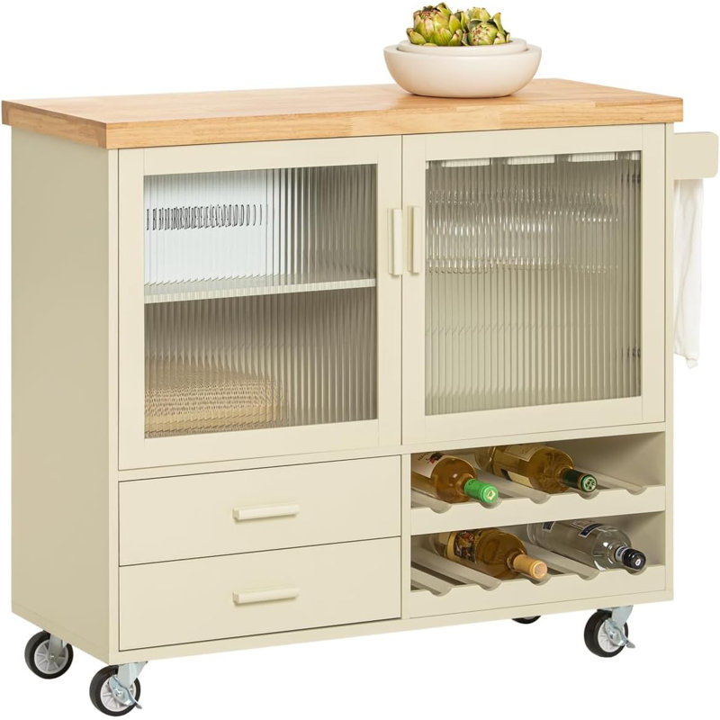 Severns 109cm W Kitchen Island with Solid Wood Top and Locking Wheels, Beige