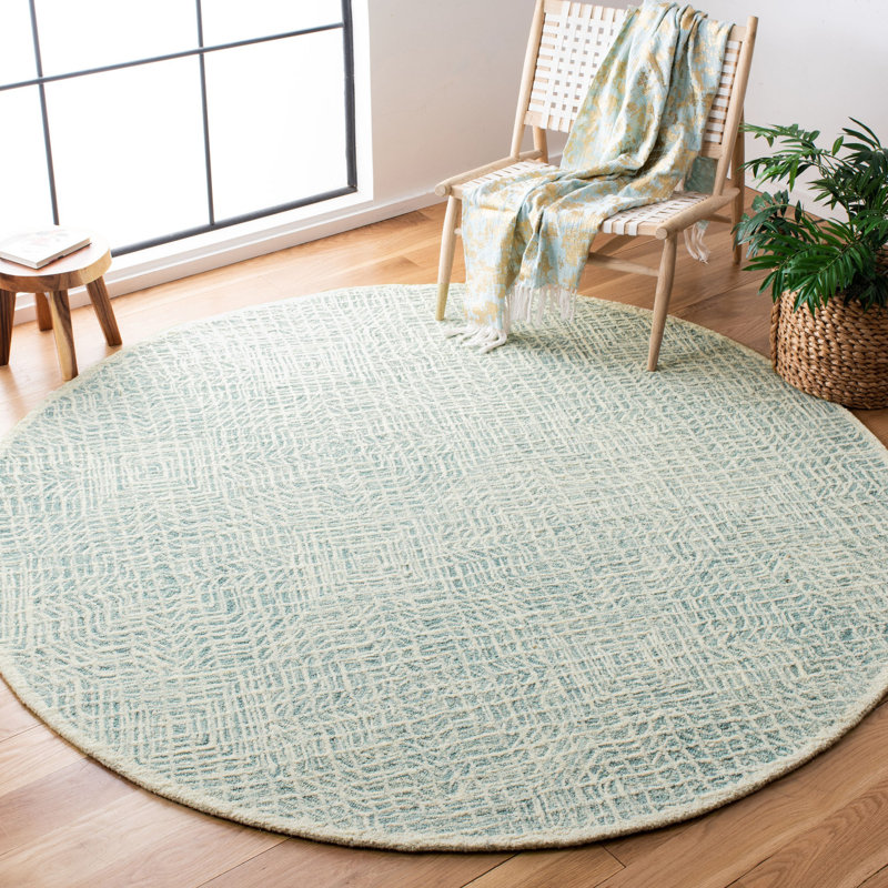 Milbridge Geometric Handmade Tufted Wool Blue/Ivory Area Rug, Round 7'