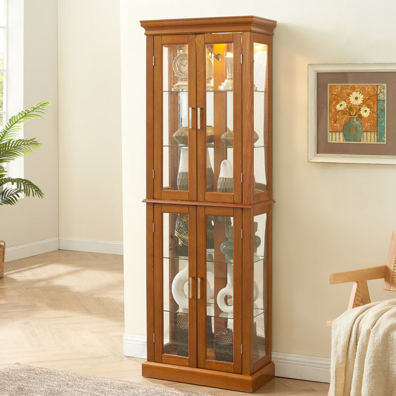 Vitrine lumineuse en chêne avec 4 portes et tablettes réglables à dossier en miroir - l 23,84 po x P 11,51 po, Oak