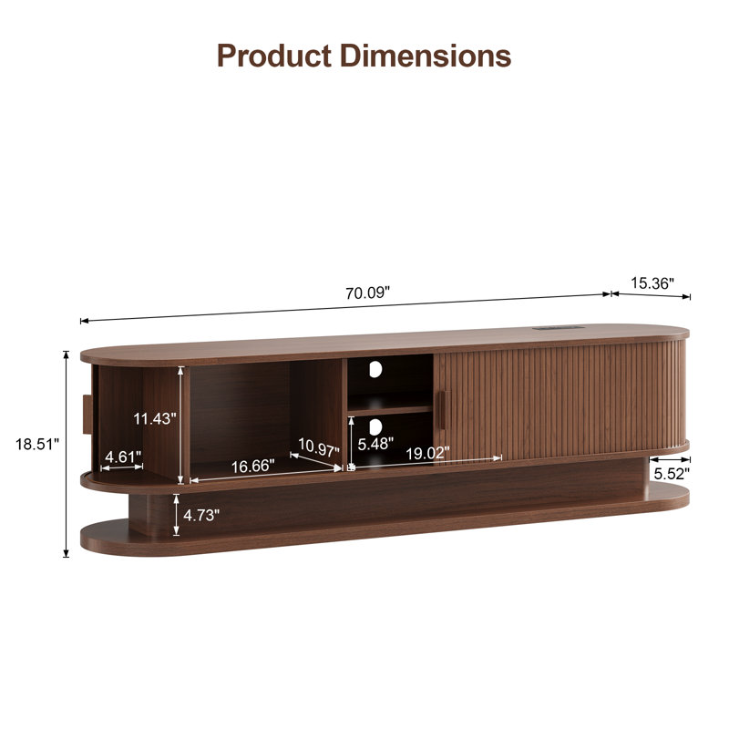 TV Stand With LED Lights & Hidden Power Strip, 18.51" H x 70.9" L x 15.35" W, Walnut
