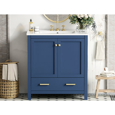 Meuble-lavabo bleu 30 po avec lavabo. Structure et cadre en bois massif. 2 portes, 1 tiroir de rangement. Mécanisme, meuble-lavabo moderne. Fabrication, surface. Tiroir encastré en céramique. Pour un moment de tranquillité