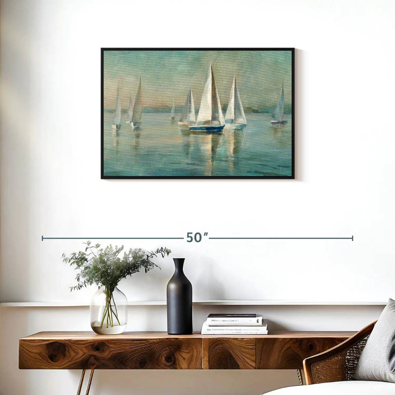 Voiliers au lever du soleil, Cadre flottant noir, 31 po x 21 po