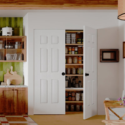 Interior Pantry Doors - White 6-Panels Design Double Standard Door Slab With Black Ball Handle Prefinished Solid Core Doors