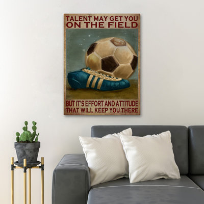 Chaussures de soccer et ballon - «Talent May Get You On The Field», toile tendue avec châssis - Sport Illustration Decor, décoration de salon brun
