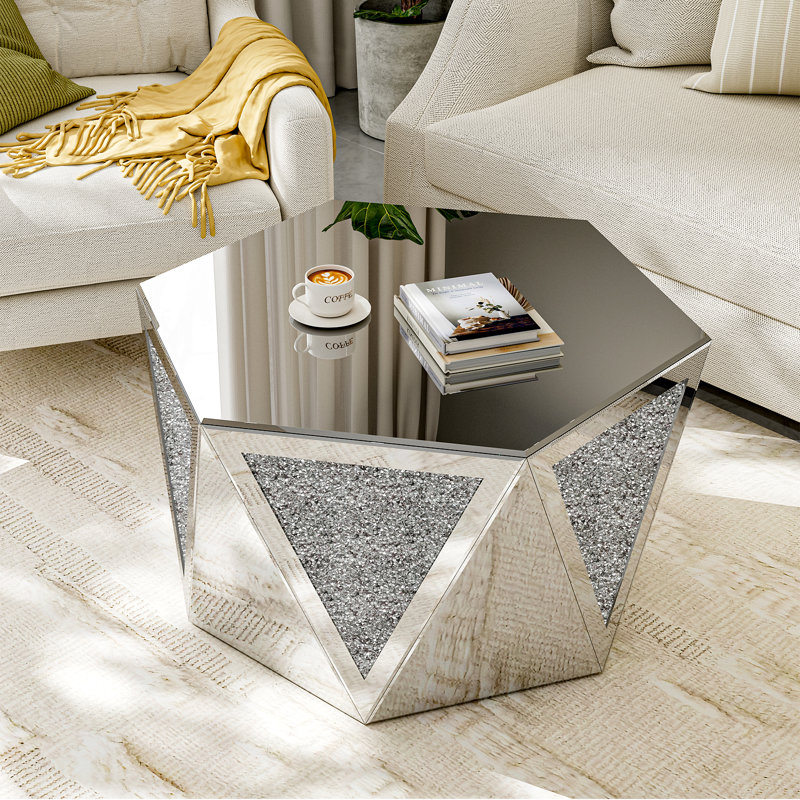 Mirrored Coffee Table with Crushed Diamond, Luxury Hexagon Silver Coffee Table for Living Room, No Assembly