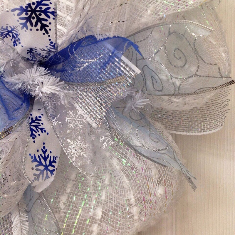 The Holiday Aisle® Winter Wreath White and Blue Ribbons | Wayfair
