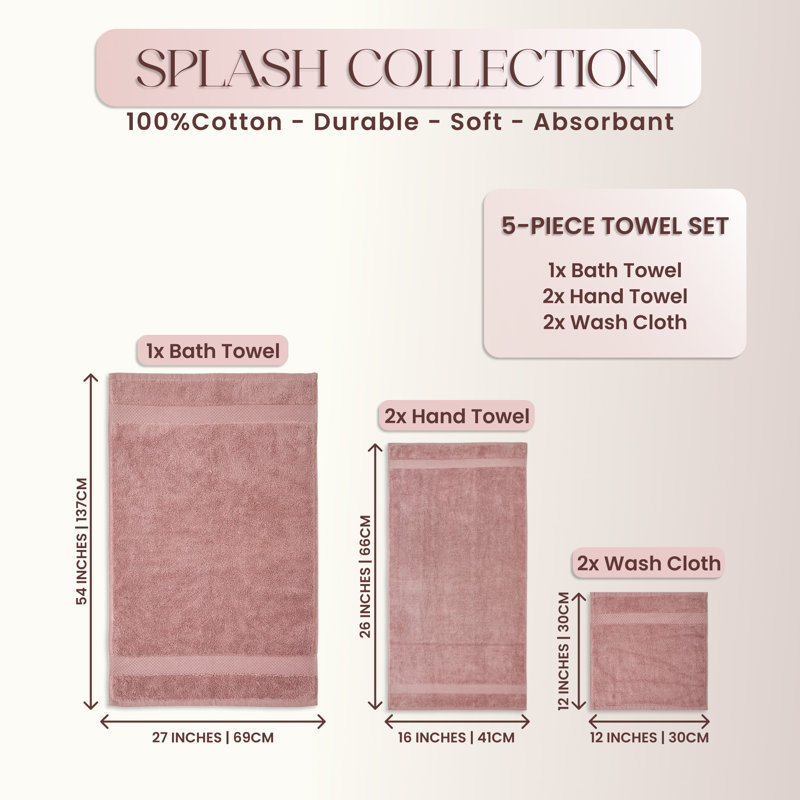 Ensemble de serviettes Splash 100% coton zéro torsion, serviettes de bain, essuie-mains et débarbouillettes, serviettes absorbantes douces 550 g / m² pour salle de bain, spa et usage quotidien, certifié OEKO-TEX, paquet de 5, rose