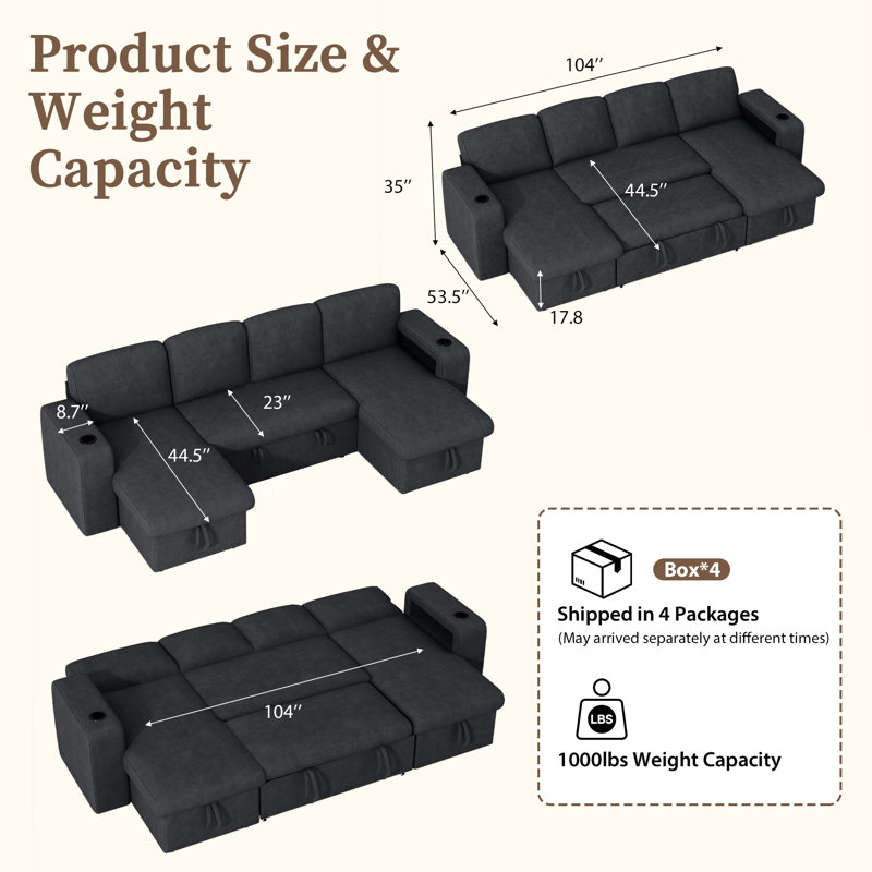 Canapé-lit modulaire modulaire avec lit escamotable, canapé modulaire en L à 4 places avec méridienne avec rangement, rangement à double accoudoirs et chargement USB, canapé à dossier réglable