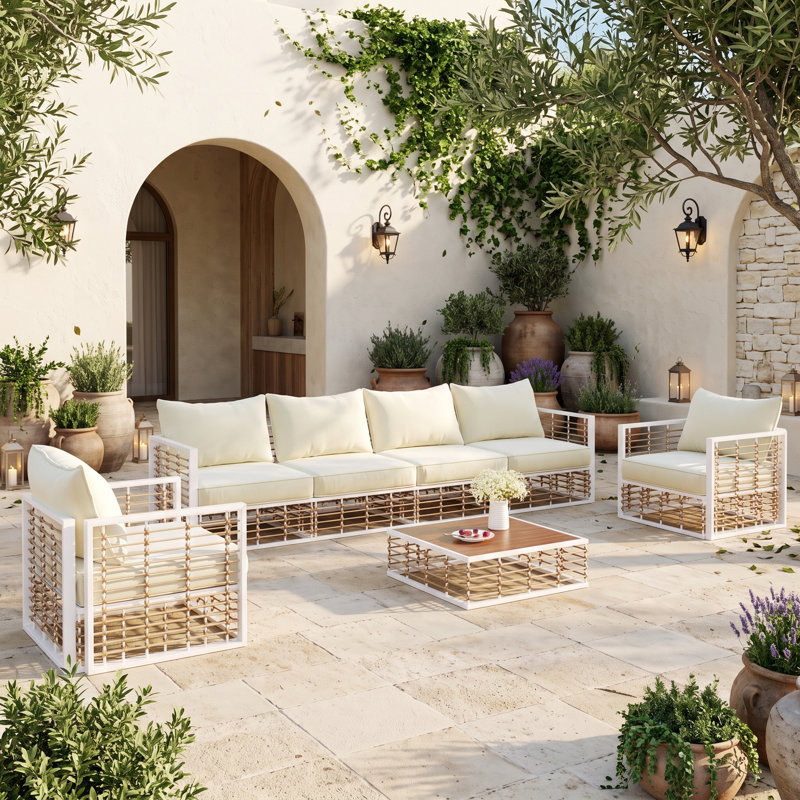 Ensemble de canapé modulaire 7 pièces modulaire en métal avec coussins de 5,11 pouces, pieds réglables et table basse, blanc