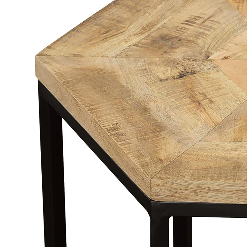 2 tables gigognes rustiques avec dessus en bois naturel et noir, pieds en épingle en métal pour le salon principal