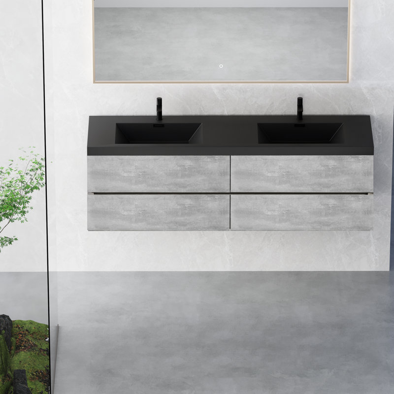 Ensemble de meuble-lavabo mural 72 po avec deux lavabos en quartz noir et quatre tiroirs à fermeture en douceur entièrement assemblés gris ciment 24V12 72Gr W1573p155850