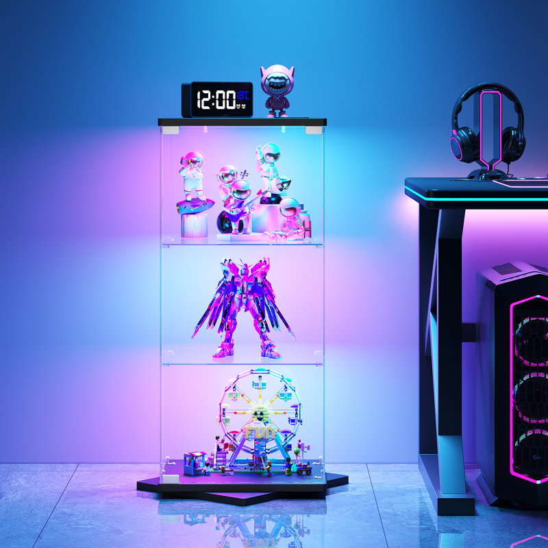 Freestanding Rotating Glass Display Cabinet with Motion SensorMotion RGB Lights, Browm