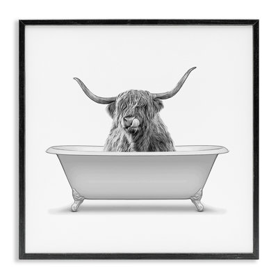 Longhorn Highland Cow Bath Tub Black Framed Giclee Art by Annalisa Latella