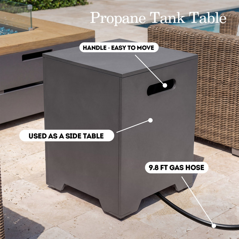 Foyer de table rectangulaire au propane en béton de 50 pouces avec couvercle de réservoir et pare-vent, surface texturée d'aspect bois, gris